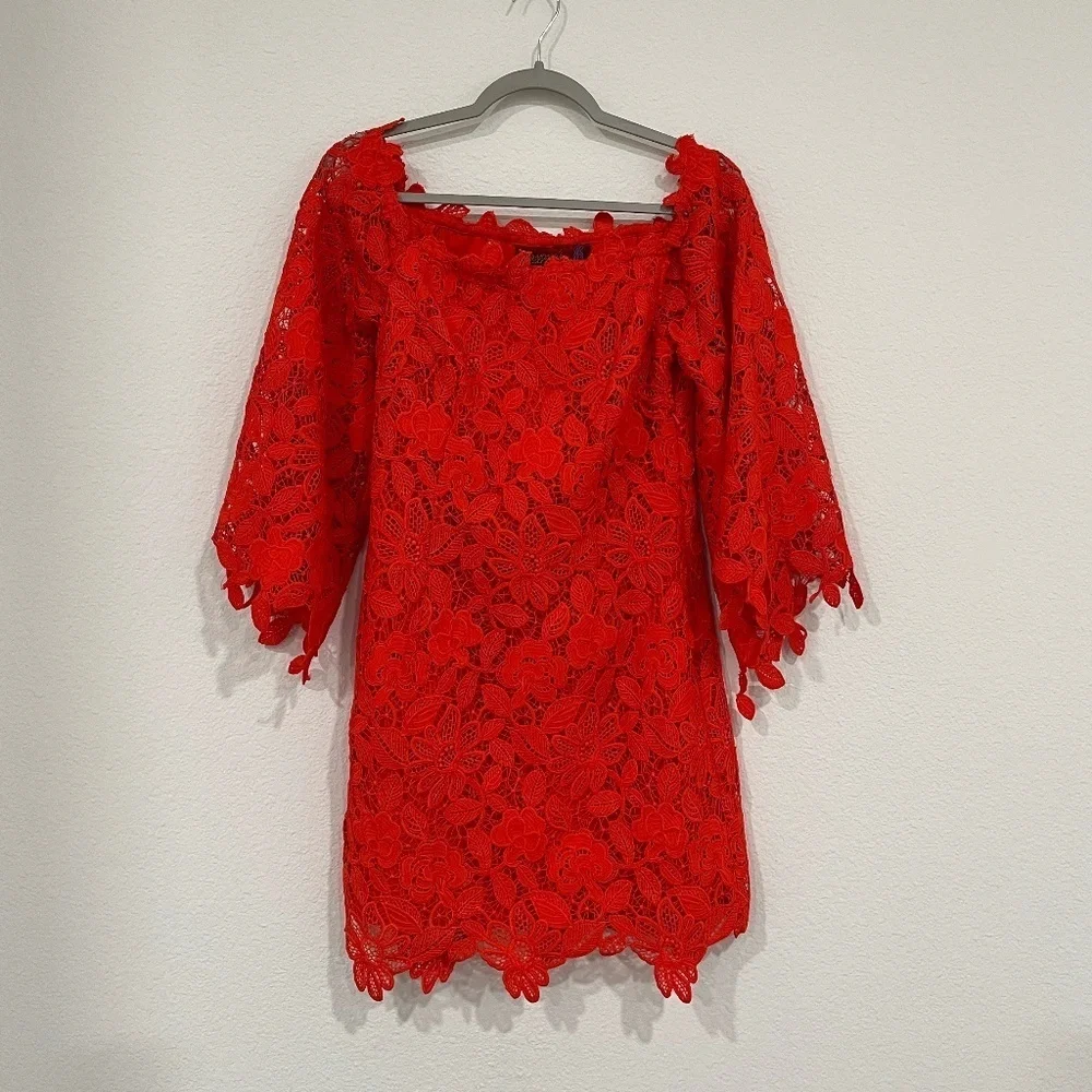 NWT FREE PEOPLE | Dusk Off The Shoulder Lace Dress in Fiesta Red | Size 8